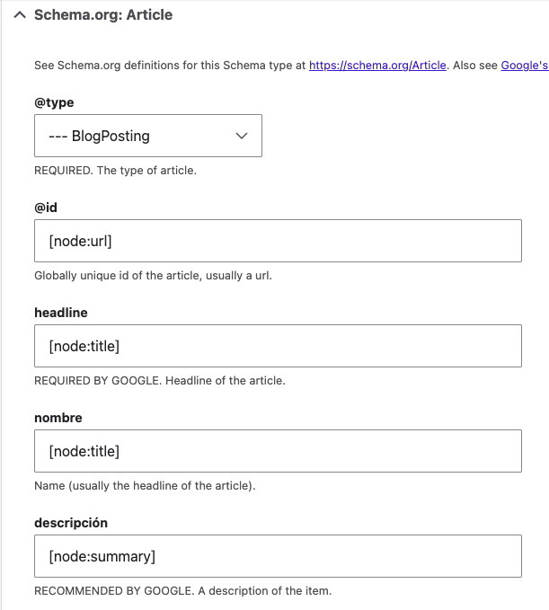Configuración Schema.org Articulos