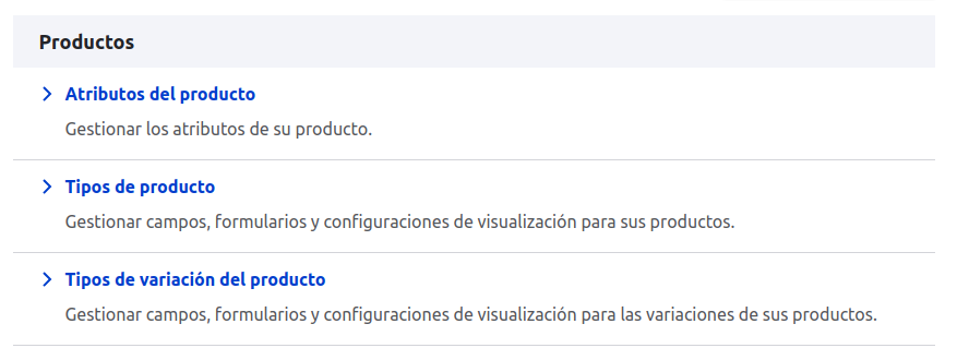 Configuración productos