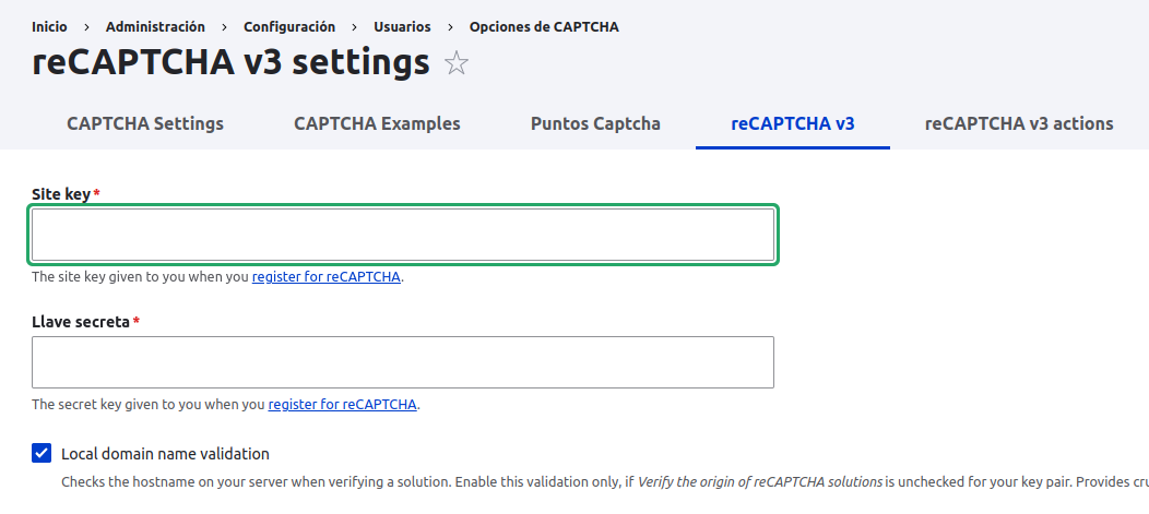 Imagen1: Configurar claves Recaptcha